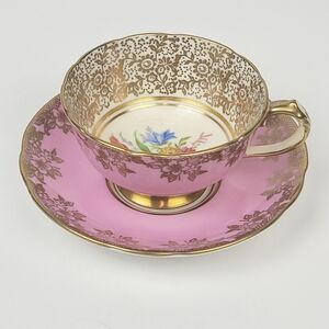 Vtg 30s-40s~Paragon Double Warrant Teacup Saucer~Pink Gold~Cabbage Rose Bouquet